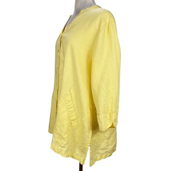 Multiples Long Sleeve Collarless Button Down Top Yellow 100% Linen XL Breathable - Picture 3 of 7